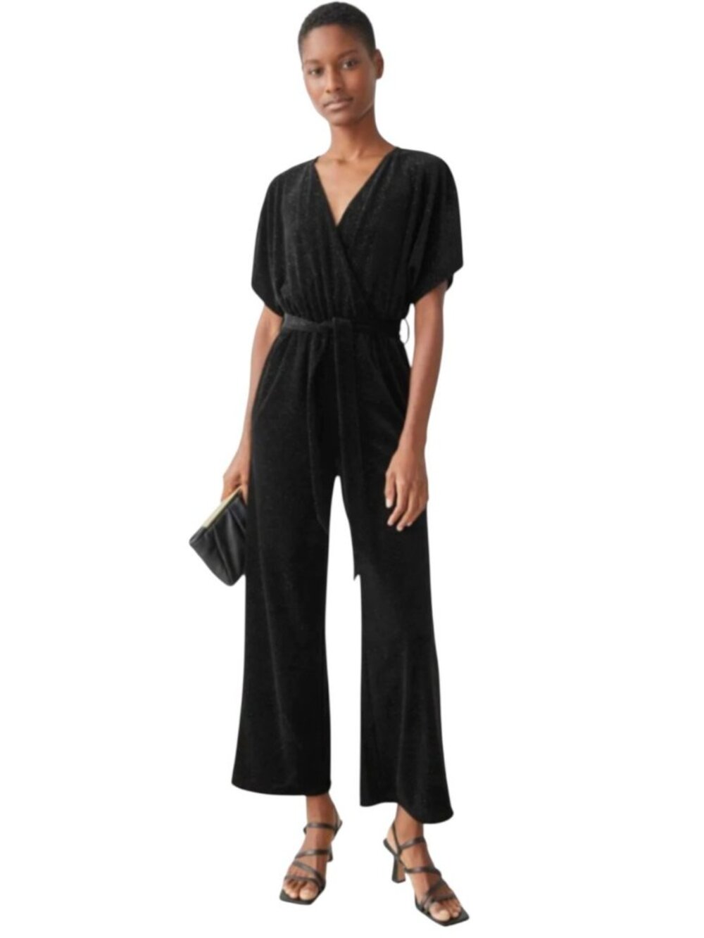 & Other Stories Velvet Sparkle Wrap Jumpsuit Black Silver Belted Party Small